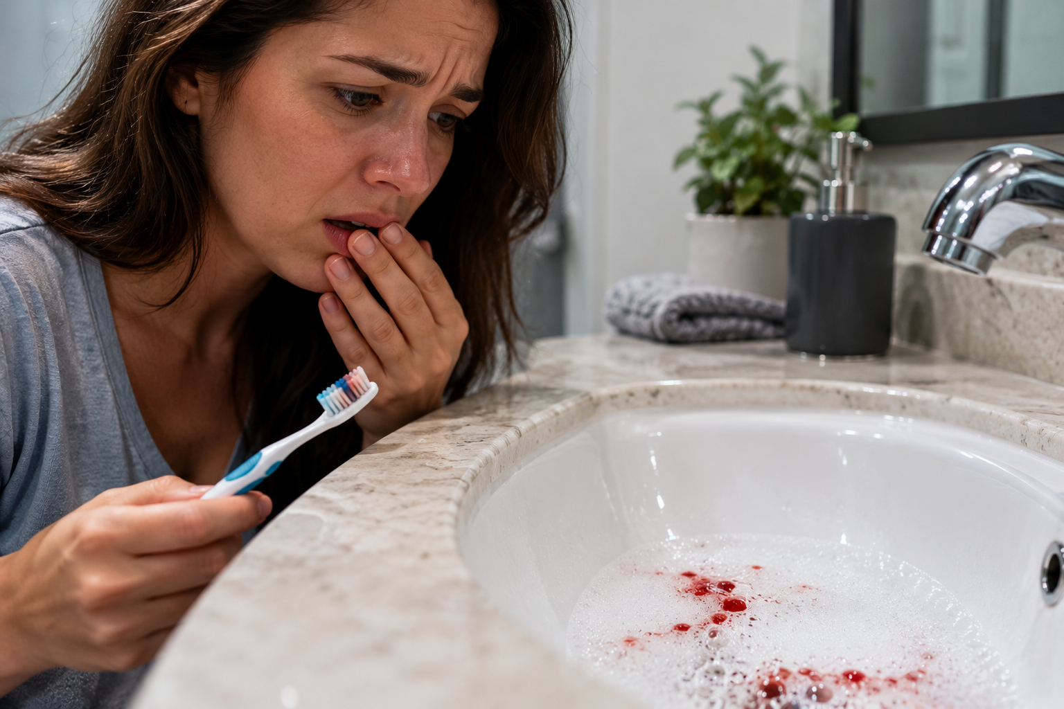 Person looking with concern at the sink after brushing their teeth