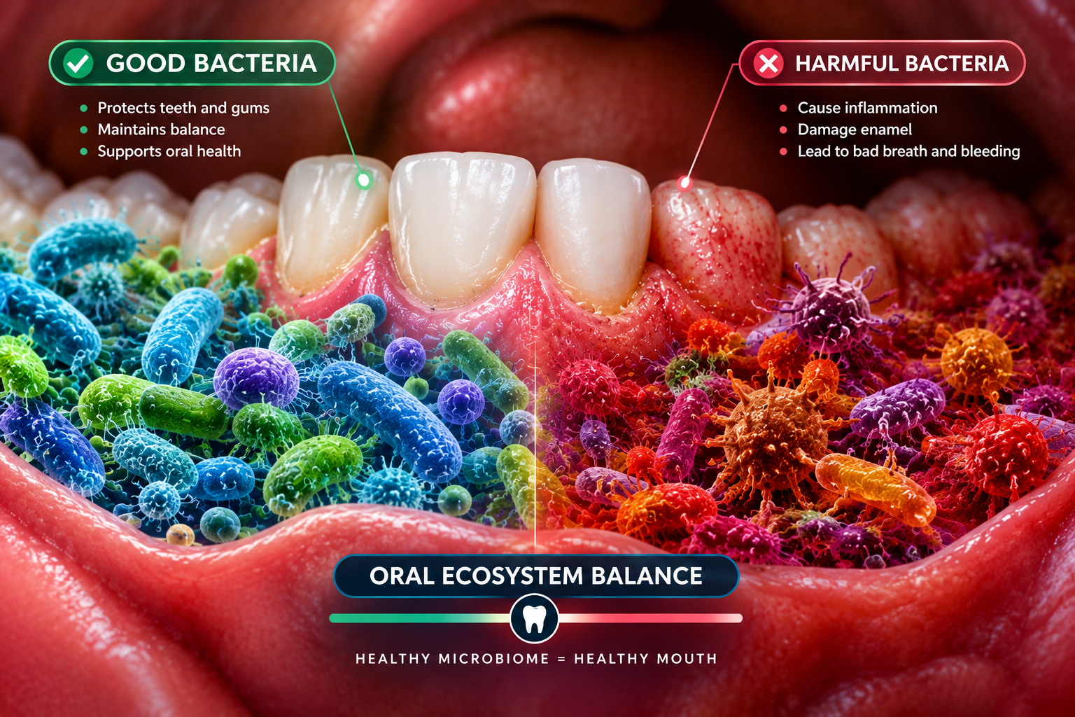 Microscopic illustration of a bacterial ecosystem inside the mouth